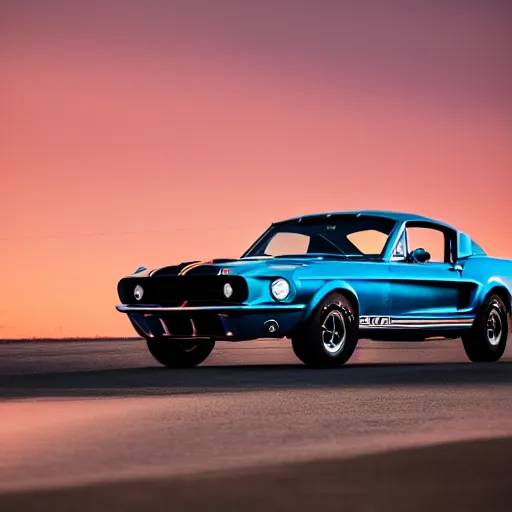 Prompt: long shot of 1967 Ford mustang Shelby GT500 in pink color at sunset in front a beach, 8k, amazing reflection of the sun on the car, UHD Photography