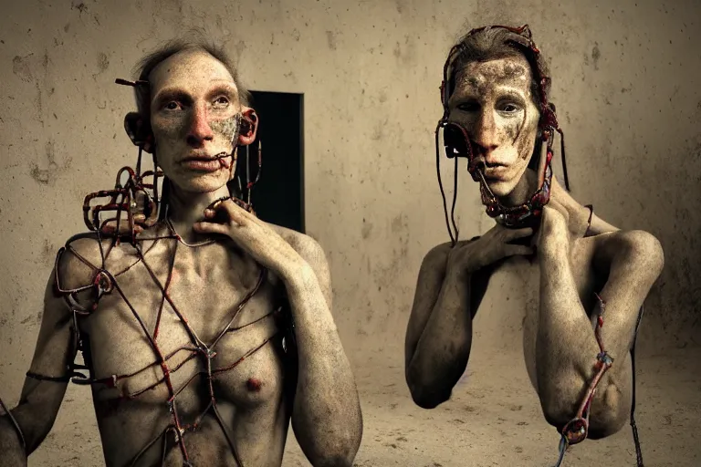 Prompt: 35mm color, humans enslaved, chained together, artificial intelligence, portrait, fashion shoot, weird, random, strange, hyperdetailed, photorealistic, interesting, by David la chapelle and karol bak and david cronenberg and WETA digital, Dariusz Zawadzki , ID magazine, octane rendering, cinematic, hyperrealism, octane rendering, 8k, depth of field, bokeh.