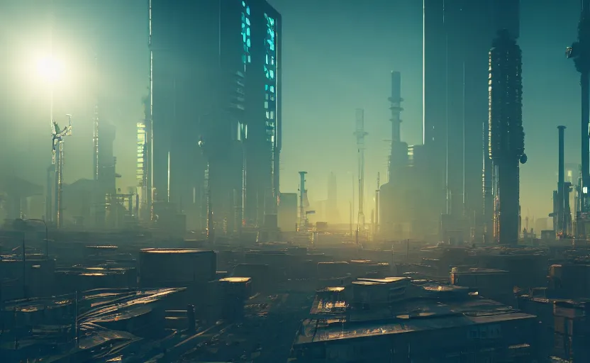 Image similar to polluted cyberpunk city with factories in the backround. daylight. sunlight. lens flare. light fixtures. 8 k. detailed. photorealism. artstation. 2 5 mm f / 1. 7 asph lens. ultra realistic