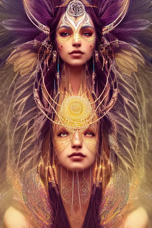Prompt: a centered photo of a single alluring mystical tribal goddess adorned with feathers and gemstones and cables and synthesizer parts is surrounded by sacred geometry made from elven architecture, full body, gorgeous, perfect face, powerful, cinematic, beautifully lit, by artgerm, by karol bak, 3 d, trending on artstation, octane render, 8 k