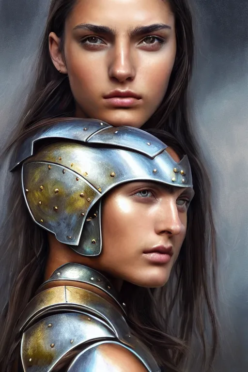 Prompt: a photorealistic painted portrait of an attractive young female, partially clothed in metal-plated battle armor, abstractly painted background, flawless olive skin, fair complexion, long dark hair, beautiful bone structure, perfectly symmetric facial features, perfect photorealistic eyes, natural physique, intricate, elegant, digital painting, concept art, finely detailed, beautifully illustrated, sharp focus, minimal artifacts, volumetric lighting, from Metal Gear, by Ruan Jia and Mandy Jurgens and Artgerm and William-Adolphe Bouguerea, in the style of Greg Rutkowski, trending on Artstation, award winning art