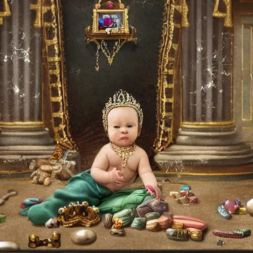 Image similar to a baby crawls away from a pile of jewels and toward a pile of coal in a throne room, detailed and realistic matte painting