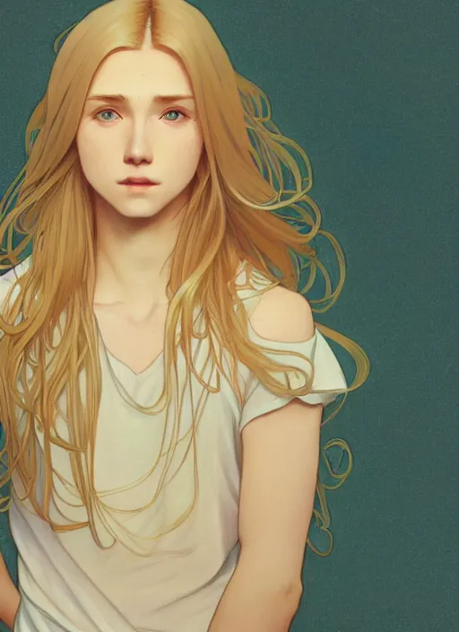 Image similar to pretty young man with shoulder length shiny shimmering golden blond hair, half body shot, path traced, highly detailed, high quality, digital painting, by studio ghibli and alphonse mucha, leesha hannigan, hidari, disney