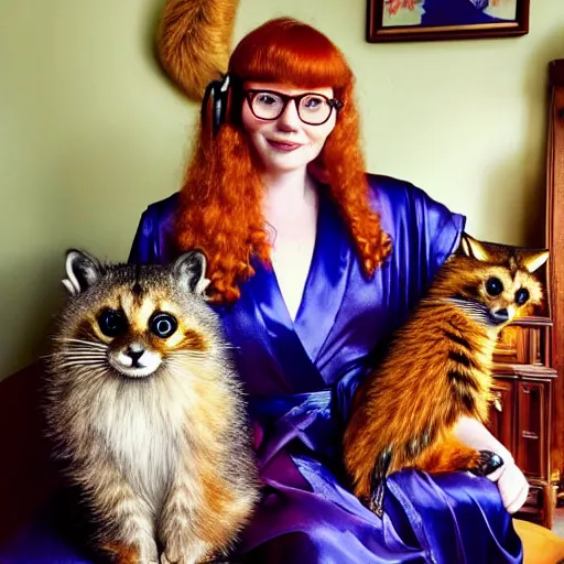 Image similar to a stunning hyper-detailed closeup portrait photo of a beautiful retro-bespectacled woman with long ginger hair and bangs, wearing a luxurious silk robe, wearing headphones and posing with her large ginger tabby cat and her raccoon and parrots in an overstuffed easy chair in her sunlit victorian living room, holding a porcelain parrot-shaped coffee mug and a donut, perfect eyes, fashion photography, octane render, unreal engine, 85 mm lens,