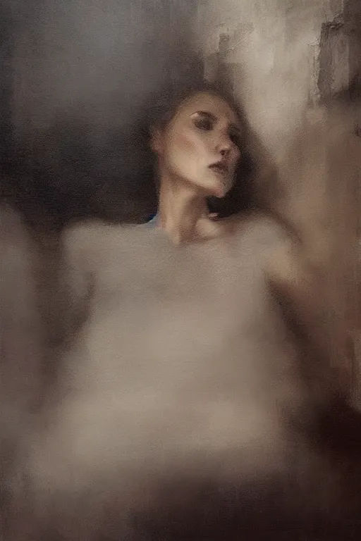 Image similar to detailed cinematic moody colors studio portrait of the memories of a lady in bed, high quality by jeremy mann, only one head single portrait