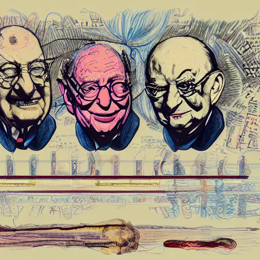 Image similar to Jacob Rothschild and george soros and Klaus Schwab by Ralph Steadman illustration dollar bills, body horror, evil, scribbles biopunk, 8k , trending on artstation