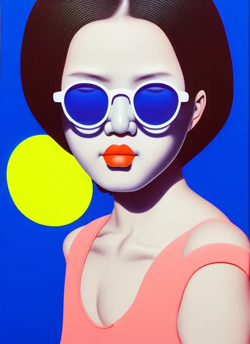 Image similar to cute girl with shades by shusei nagaoka, kaws, david rudnick, airbrush on canvas, pastell colours, cell shaded, 8 k