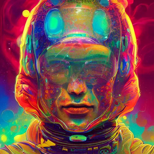 Image similar to An extremely psychedelic experience, colorful, surreal, dramatic lighting, cosmonaut, LSD, face, detailed, intricate, elegant, highly detailed, digital painting, artstation, concept art, smooth, sharp focus, illustration, art by Sam Spratt, Dan Mumford, Artem Demura and Alphonse Mucha