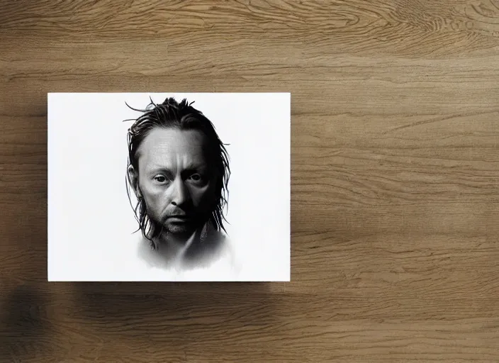 Image similar to photograph of print of thom yorke picture on a table, hyper realistic, variations of thom yorke, forest, high quality photograph, mixed styles, intricate details, diverse colors, deep emotional impact, photograph of print