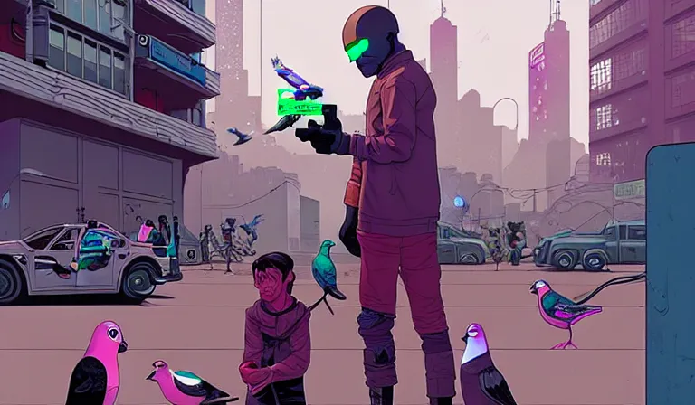 Prompt: cyborg feeding electric pigeons at a dirty crowded streetcorner, cyberpunk, by Josan Gonzalez and Tomer Hanuka bokh, dof