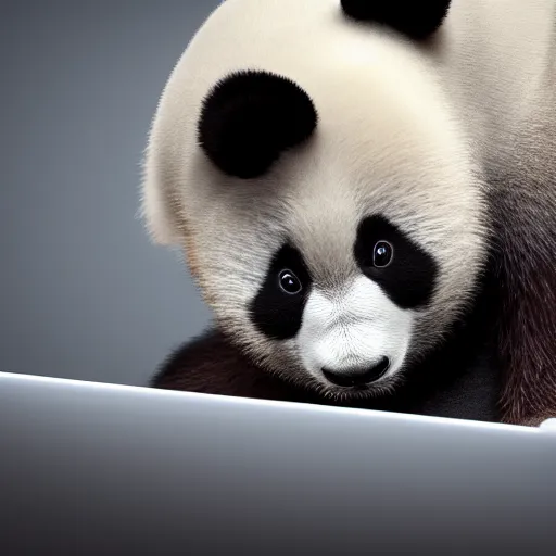 Image similar to A bored baby Panda yawning while working on his laptop, hyperrealistic, highly detailed, depth of field, High definition, 8k, octane render, artstation