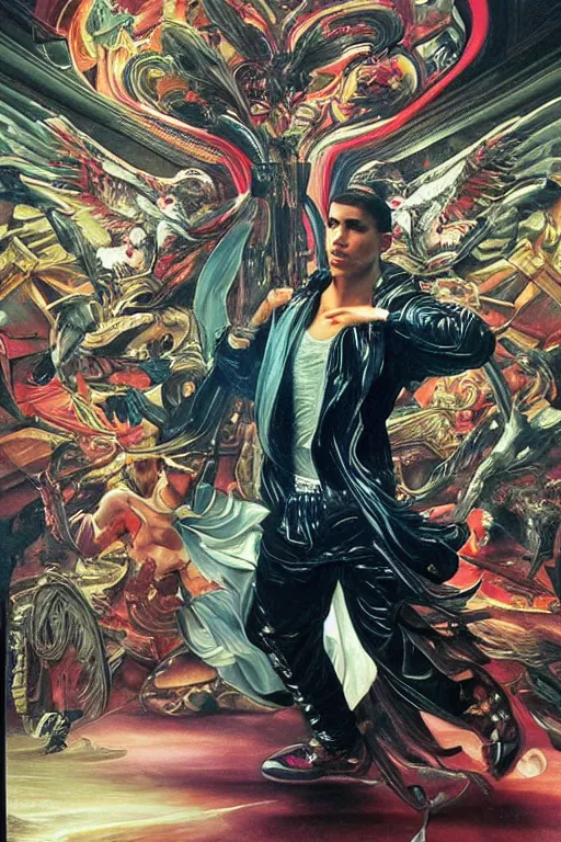 Image similar to full-body bladerunner style sculpture of a young handsome Latino prince as a half cibernetic android running low on battery, alert glowing, laser beam eyes, crown of giant diamonds, flowing neon-colored silk, fabric, raptors. baroque elements. full-length view. baroque element. intricate artwork by caravaggio. many many birds birds on background. Trending on artstation, octane render, cinematic lighting from the right, hyper realism, octane render, 8k, depth of field, 3D