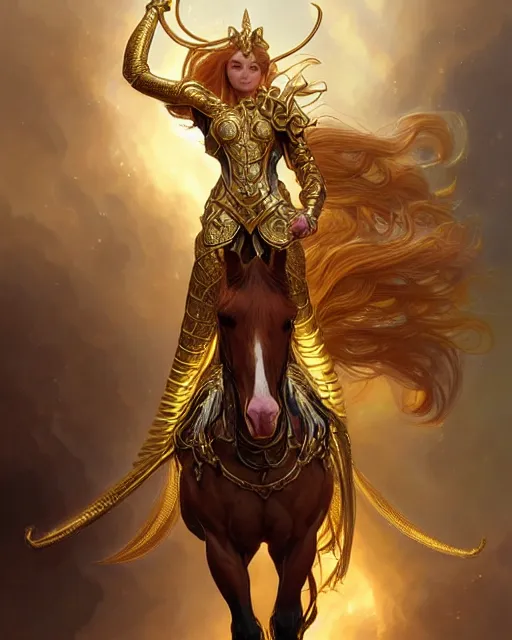 Prompt: a centaur in ornate golden armor, fantasy character portrait, ultra realistic, intricate, elegant, highly detailed, digital painting, artstation, smooth, sharp, focus, illustration, art by artgerm and greg rutkowski and alphonse mucha