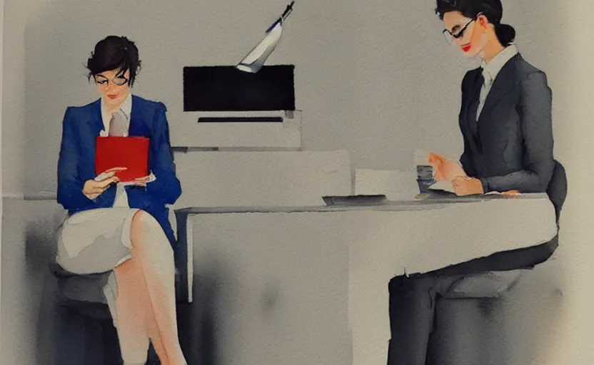 Image similar to concept art of a modern office life, business woman, pinterest, artstation trending, behance, watercolor, by coby whitmore *, silver, laser light *,