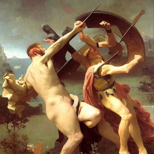 Image similar to A giant snail attacking a knight, oil on canvas, fantasy, highly detailed, epic, by William-Adolphe Bouguereau