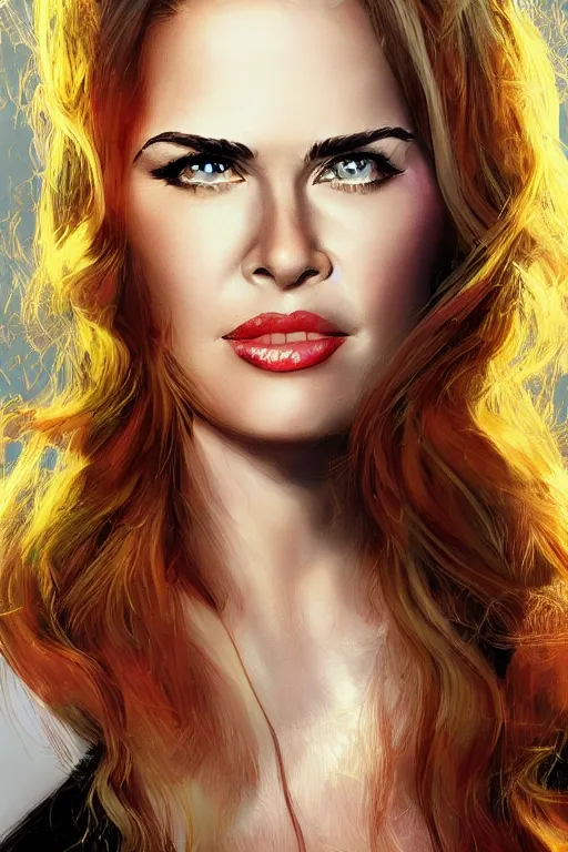 Image similar to mix of beautiful young maria shriver, mariel hemmingway, brooke shields, nicole kidman and elle macpherson as a boa constrictor, thin lips, hair tied up in a pony tail, dark blonde hair, colorful, artstation, cgsociety