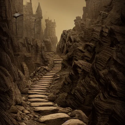 Image similar to a long winding pathway with no terrain on either side, cliffs with no bottom, creepy, gloomy, nightmare, dark rocks, dusty, sepia tones, with a mysterious dark castle at the of the path, digital art, 8 k, concept art, trending on artstation