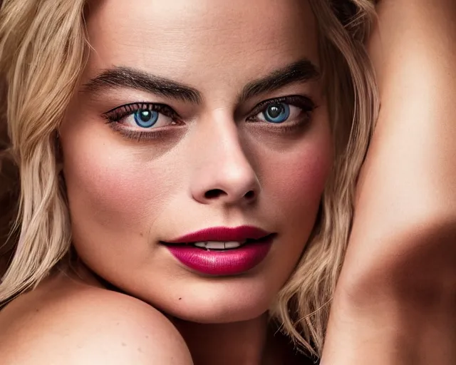 Image similar to a more beautiful version of margot robbie, hyper realistic face, beautiful eyes, cinematic, long shot, hyper detailed, 8 5 mm photograph, 8 k resolution, film still, sharp lens, wide lens