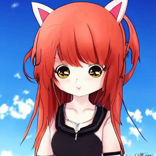 Prompt: portarait anime chibi smiling girl with cat ears, redhead, floating on a cloud, trending on artstation , high resolution, highly detailed