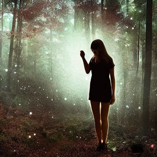 Prompt: a woman crying glittery tears in the woods, photorealistic, 8k, cinematic lighting