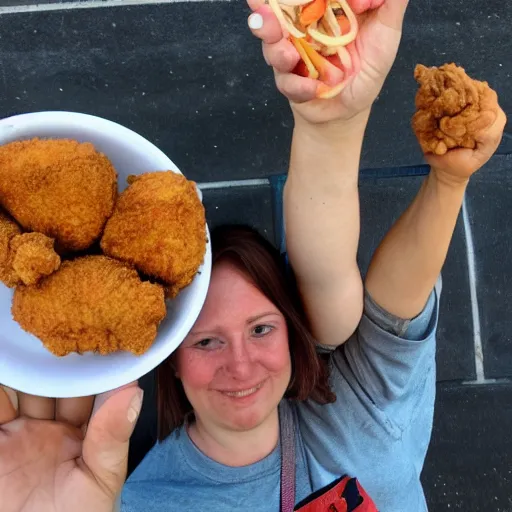 Prompt: two soyjacks pointing at vegan fried chicken