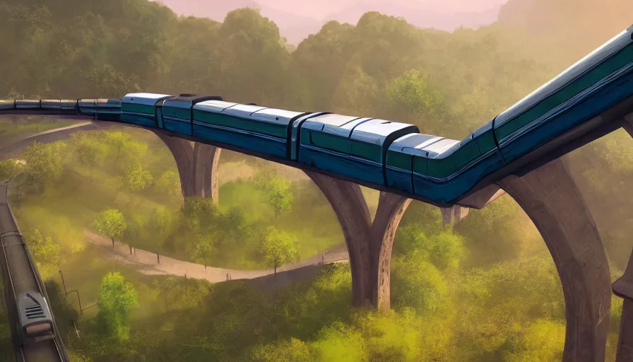 Prompt: futuristic train driving under aqueduct, green hills, matte painting, artstation, sunrise, blue sky, drone view