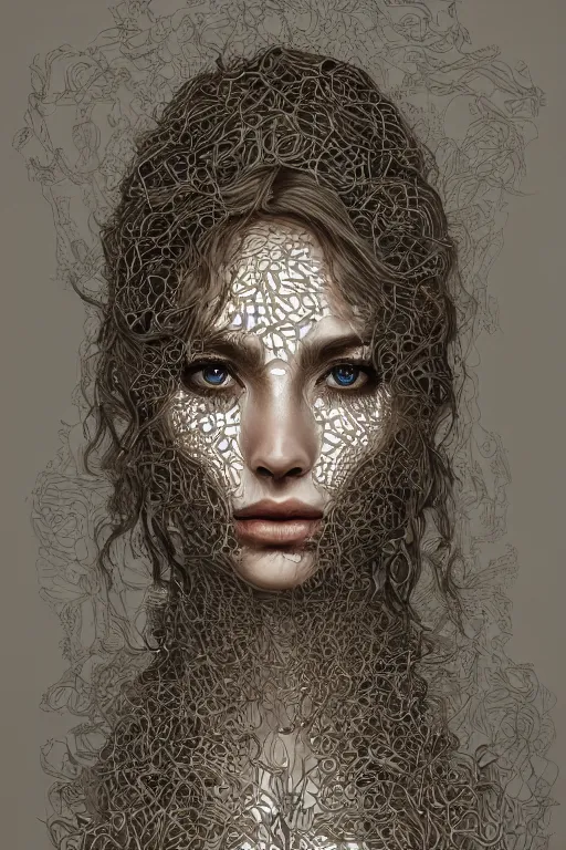 Image similar to portrait of a beautiful woman covered in intricate vails of human bones, dramatic lighting, artstation