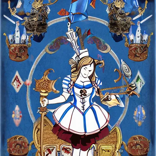 Prompt: 'Alice in wonderland' with blue and white armor, holding two swords, facing off against the 'queen of hearts', epic battle, sucker punch, falling hearts, in castle with beautiful rococo architecture