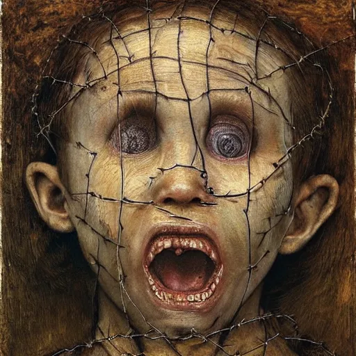 Image similar to a boy made of barbed wire looking into camera, screaming in pain, by giuseppe arcimboldo and ambrosius benson, renaissance, intricate and intense oil paint, a touch of beksinski and hr giger and edward munch, realistic