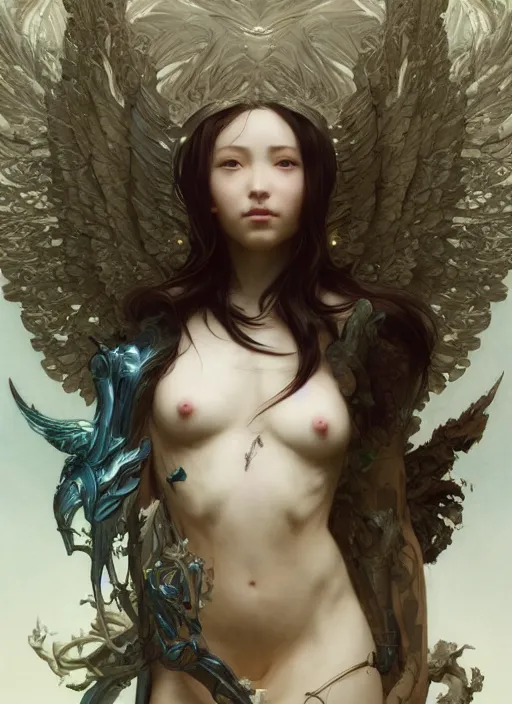 Prompt: beautiful angel with tattooes, intricate lights, bio luminescent, venomize, by ruan jia and artgerm and range murata and wlop and ross tran and william - adolphe bouguereau and beeple. key art. fantasy illustration. award winning, artstation, intricate details, realistic, hyperdetailed, 8 k resolution.