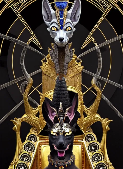 Image similar to angry god anubis, growling jackal with egyptian headdress and nemes, ornate art nouveau marble throne room, black and silver palette, symmetrical background, fantasy, intricate, elegant, highly detailed, colorful, dark colors, dramatic shadow, digital painting, artstation, concept art, art by artgerm and greg rutkowski and ruan jia,