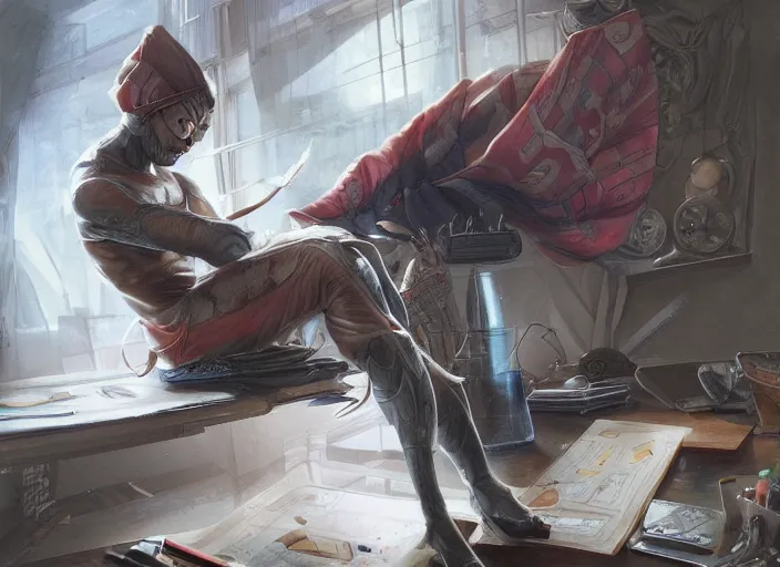 Image similar to an insanely detailed painting of an asian man wearing a homemade superhero costume, sitting at a desk, staring seriously at the computer and typing, in the style of peter mohrbacher, james jean, artgerm, dramatic lighting and composition, surreal background, octane render, pixar, trending on artstation, concept art, comic book, view from behind, 8 k