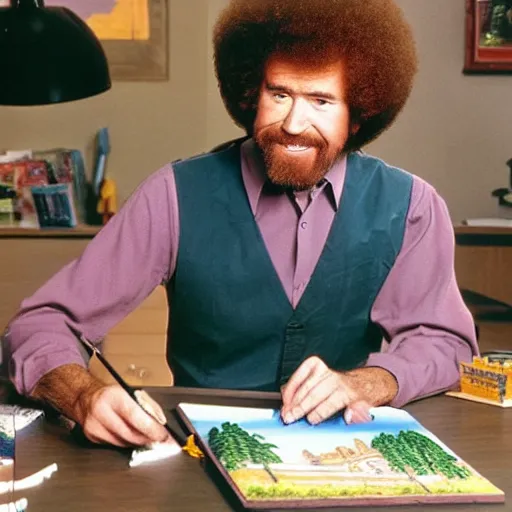 Prompt: Bob Ross painting a city