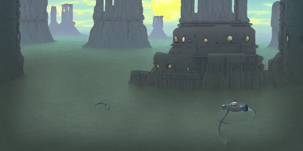 Image similar to a realistic cell - shaded studio ghibli concept art from paprika ( 2 0 0 6 ) of a flying intelligent dull grey mechanical octopus from close encounters of the third kind ( 1 9 7 7 ) in a flooded monument valley stonehenge. very dull colors, wide shot, hd, 4 k, hq