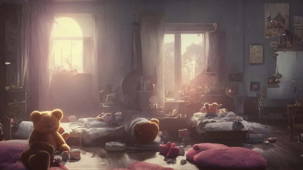 Image similar to a Photorealistic hyperrealistic render of an interior of a spoiled child's beautiful bedroom with a giant teddy bear sitting on the floor by PIXAR,Greg Rutkowski,WLOP,Artgerm,dramatic moody sunset lighting,long shadows,Volumetric, cinematic atmosphere, Octane Render,Artstation,8k