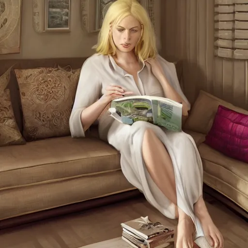 Prompt: beautiful blonde woman in her 4 0 s sat with feet up on sofa reading a magazine, hyper detailed, dramatic lighting, cgsociety, realistic, hyper detailed, insane details, intricate, dramatic lighting, hypermaximalist, golden ratio, rule of thirds, octane render, weta digital, micro details, ultra wide angle, artstation trending, 8 k,