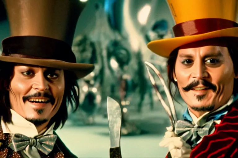 Image similar to cinematic still of johnny depp playing a whimsical character holding a large knife covered in dripping fudge in willy wonka & the chocolate factory film directed by tim burton, movie still, long lens, shallow depth of field, bokeh, anamorphic lens flare