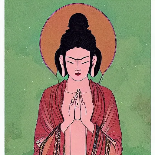 Image similar to contented female bodhisattva, praying meditating, portrait by Conrad Roset