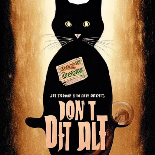 Prompt: promotional poster for Jordan Peele movie titled Don't Pet My Cat, black cat, dark background, scary