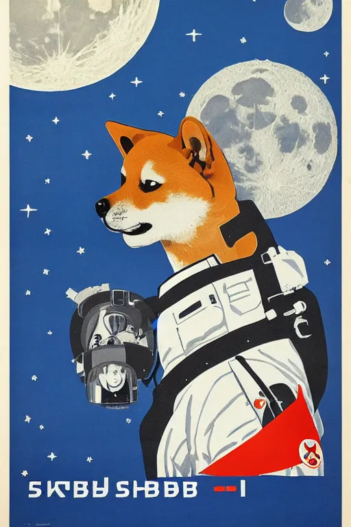 Image similar to Shiba Inu cosmonaut portrait, moon mission, 60s poster, 1968 Soviet Japanese