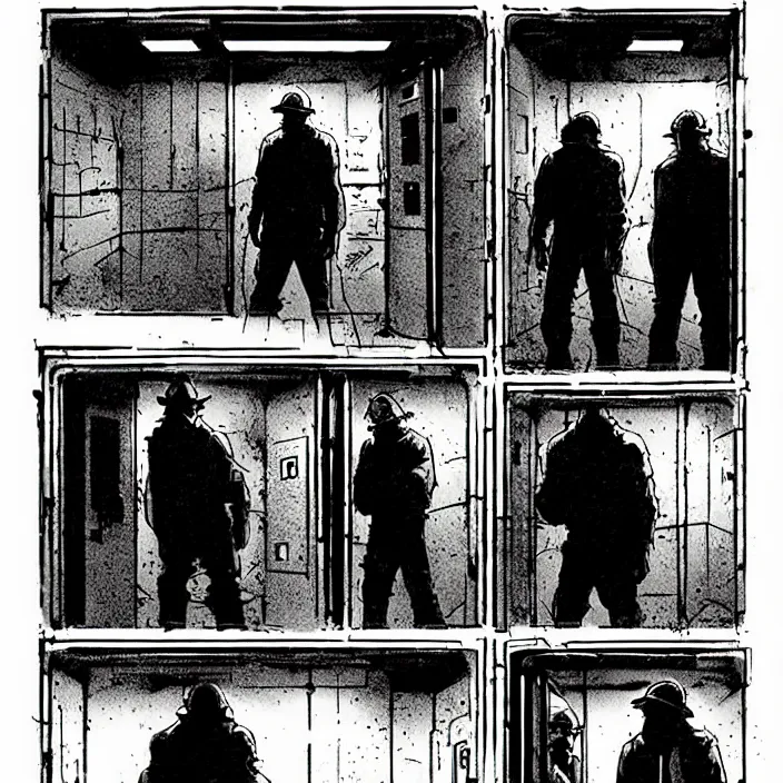 Image similar to weary miners look at opaque phone booths. storyboard, scifi cyberpunk. by gabriel hardman, joe alves, chris bonura. cinematic atmosphere, detailed and intricate, perfect anatomy