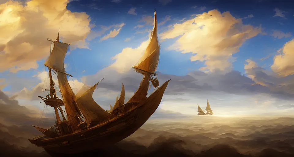 Image similar to a large wooden fantasy sky - ship with horizontal sails flying through the clouds with blue sky, andreas rocha style