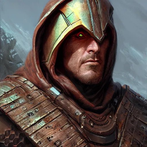 Image similar to the hooded doomslayer as a realistic d & d fantasy character, closeup portrait art by donato giancola and greg rutkowski, vintage retro, realistic face, digital art, trending on artstation, symmetry!!