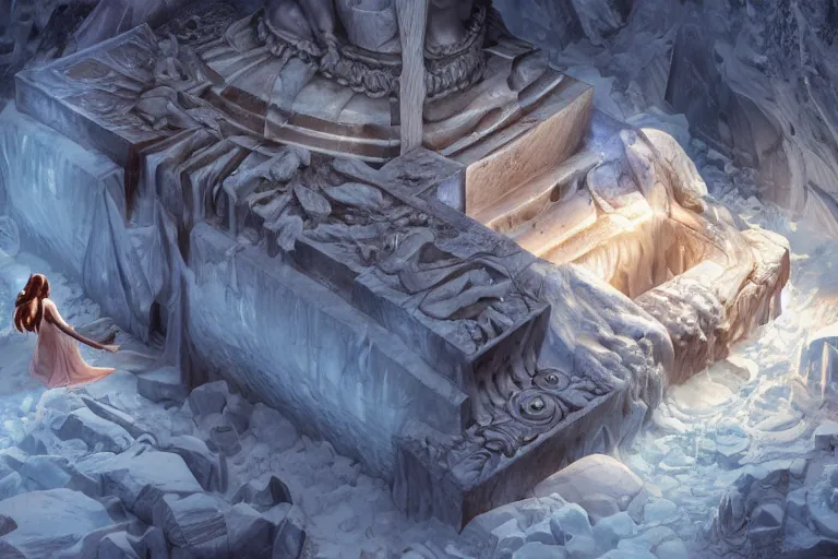 Image similar to a female goddess carved into a giant block of ice in an extradimensional realm, a shrine to worship her at, intricately detailed, physically based rendering, realistic, in the style of artgerm, illustration, epic, fantasy, hyper detailed, artstation, smooth, sharp focus, ray tracing