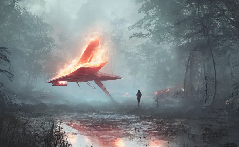 Image similar to a spaceship on fire crashed in a swamp forest, smoke, smoke, smoke, smoke, cloudy air. Atmospheric lighting, overgrowth. By Makoto Shinkai, Stanley Artgerm Lau, WLOP, Rossdraws, James Jean, Andrei Riabovitchev, Marc Simonetti, krenz cushart, Sakimichan, trending on ArtStation, digital art.