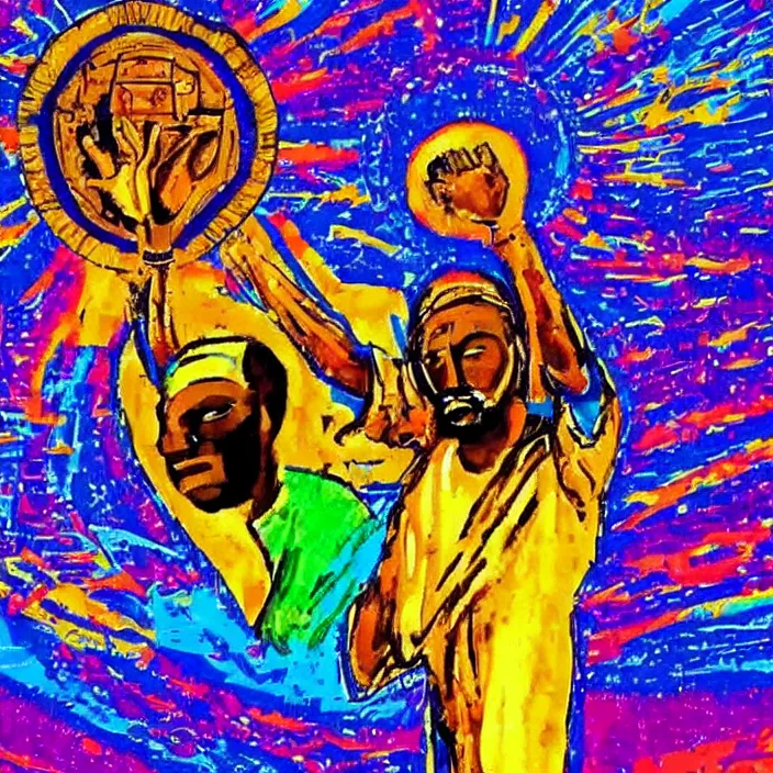 Image similar to UFO hovering over an African Jesus , clouds, colorful, in the style of African bus art,