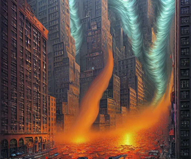 Image similar to hyper detailed 3d render like a Oil painting - a raging tornado over the streets of new york city, by Jacek Yerka, Mariusz Lewandowski, Houdini algorithmic generative render, Abstract brush strokes, Masterpiece, Edward Hopper and James Gilleard, Zdzislaw Beksinski, Mark Ryden, Wolfgang Lettl, hints of Yayoi Kasuma, octane render, 8k