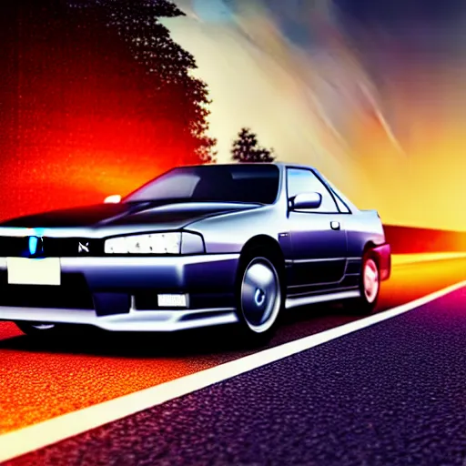 Image similar to a car Nissan Skyline in middle of road, night city, cinematic color, photorealistic, highly detailed