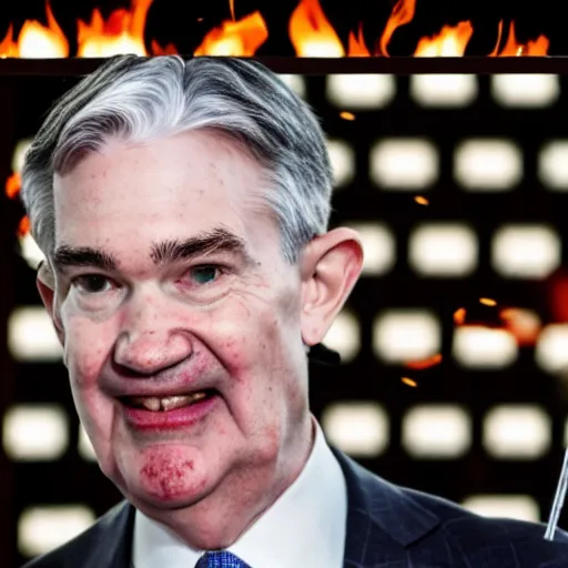 Image similar to detailed photo of Jerome Powell with whiteface clown makeup using a flamethrower projecting a long flame, highly-detailed
