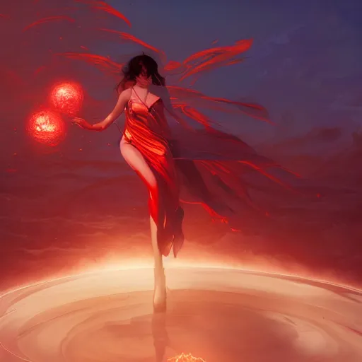 Image similar to goddes of the sun, beautiful, stunning, red golden dress, whirling with power in the sky, unreal engine, concept art, photorealistic, cinematic, james jean, akira, satochi con